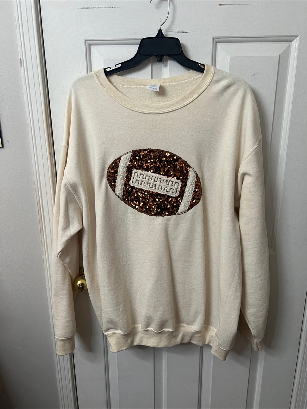 Women's Cream Sequin Football Crewneck Sweater